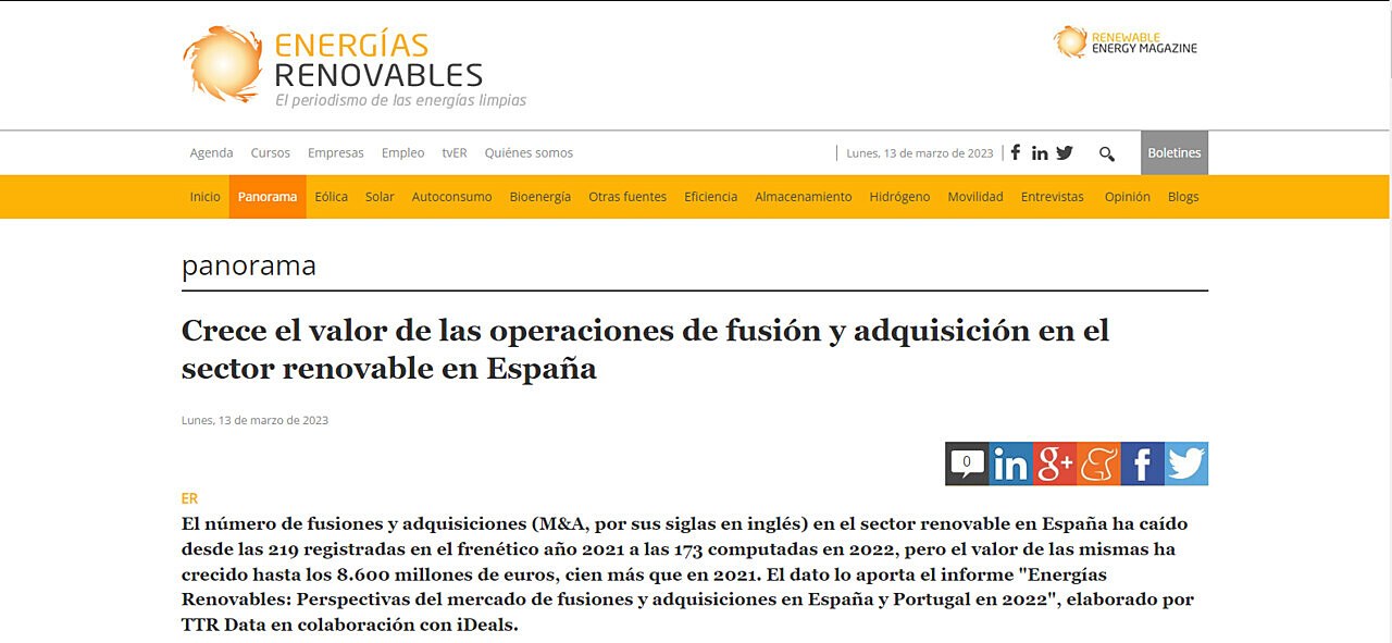 Crece el valor de las operaciones de fusin y adquisicin en el sector renovable en Espaa